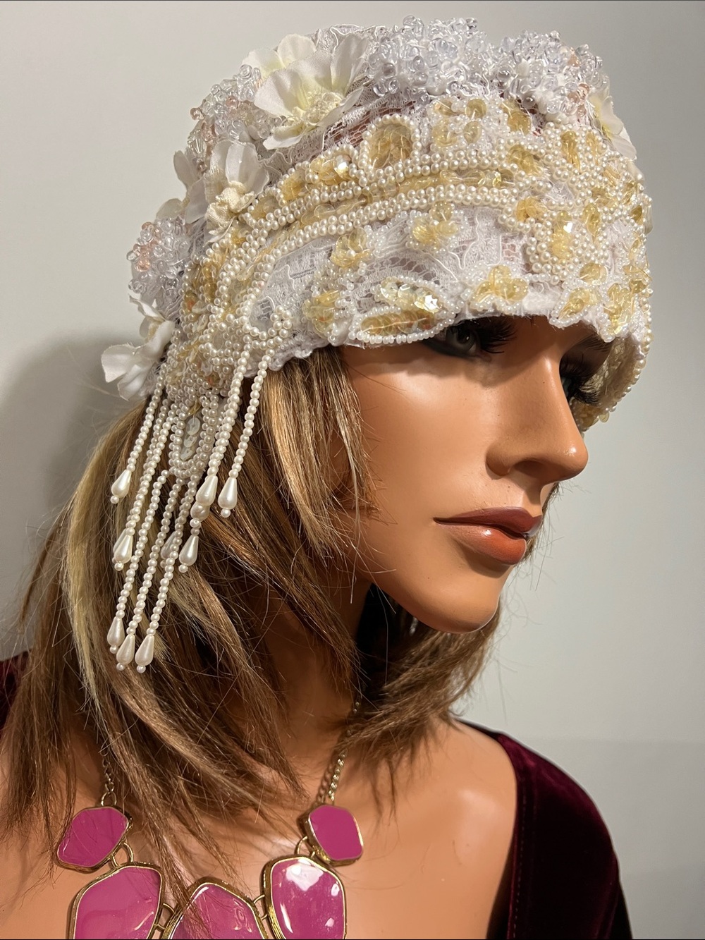 Cream Lace and Pearl-Embellished Cloche Hat